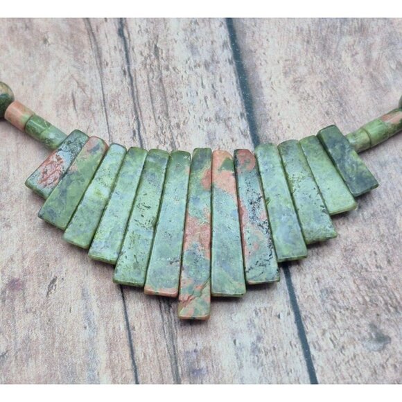 Artisan Boho Unakite Natural Stone Beaded Collar Bib Necklace Toggle Clasp 18" - Picture 9 of 11
